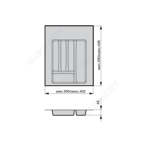 №26, Лоток для СП Ёмкость в базу 400-450 для столовых приборов, закругления 402х498 Пластик, белый глянец, Новый