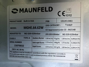 №28, Газовая варочная панель MAUNFELD MGHE 64 62 W